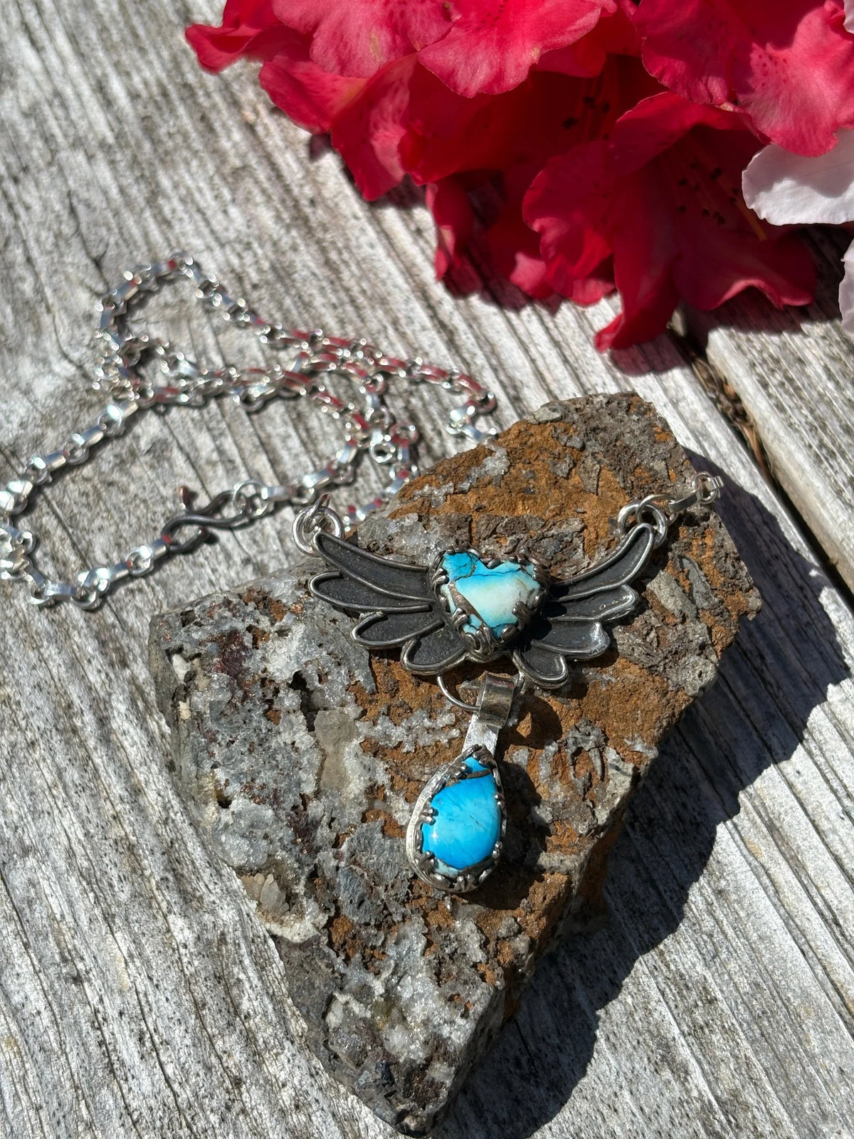 Blue Ice Dahlia Sterling Silver Heart Necklace & Earring Set