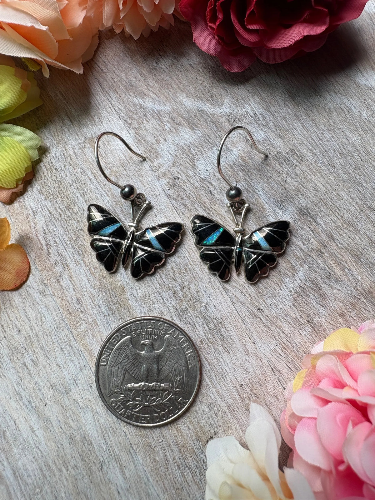 Onyx opal inlay butterfly earrings