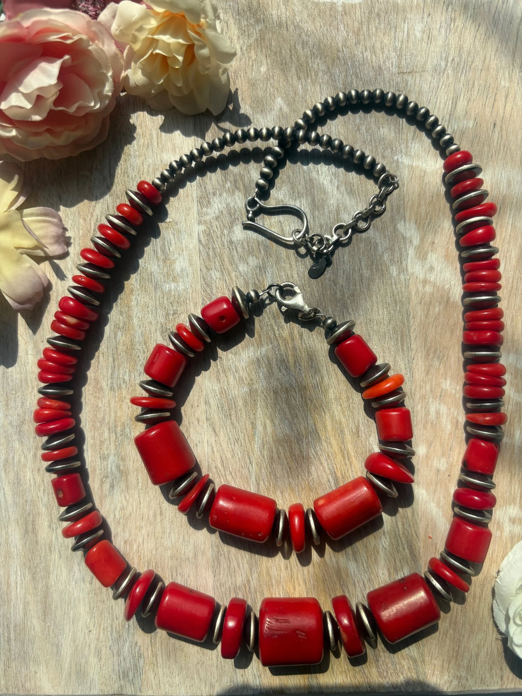 Coral and Sterling Silver Necklace/Bracelet set