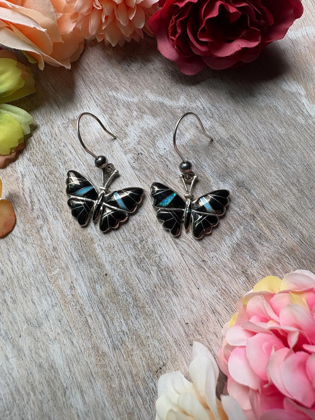 Onyx opal inlay butterfly earrings