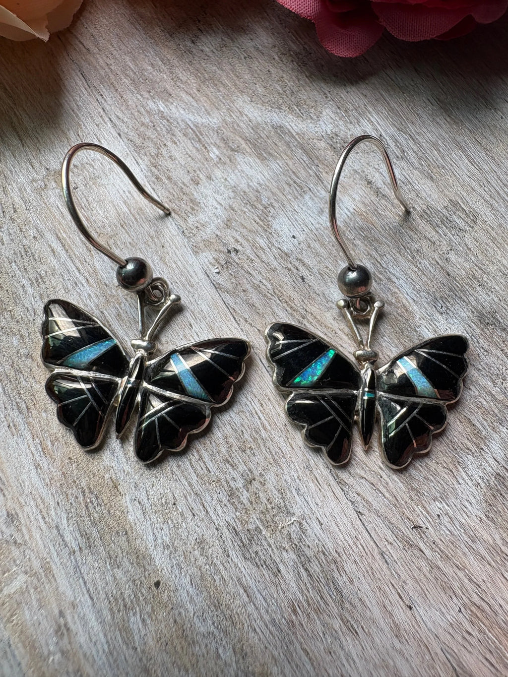 Onyx opal inlay butterfly earrings