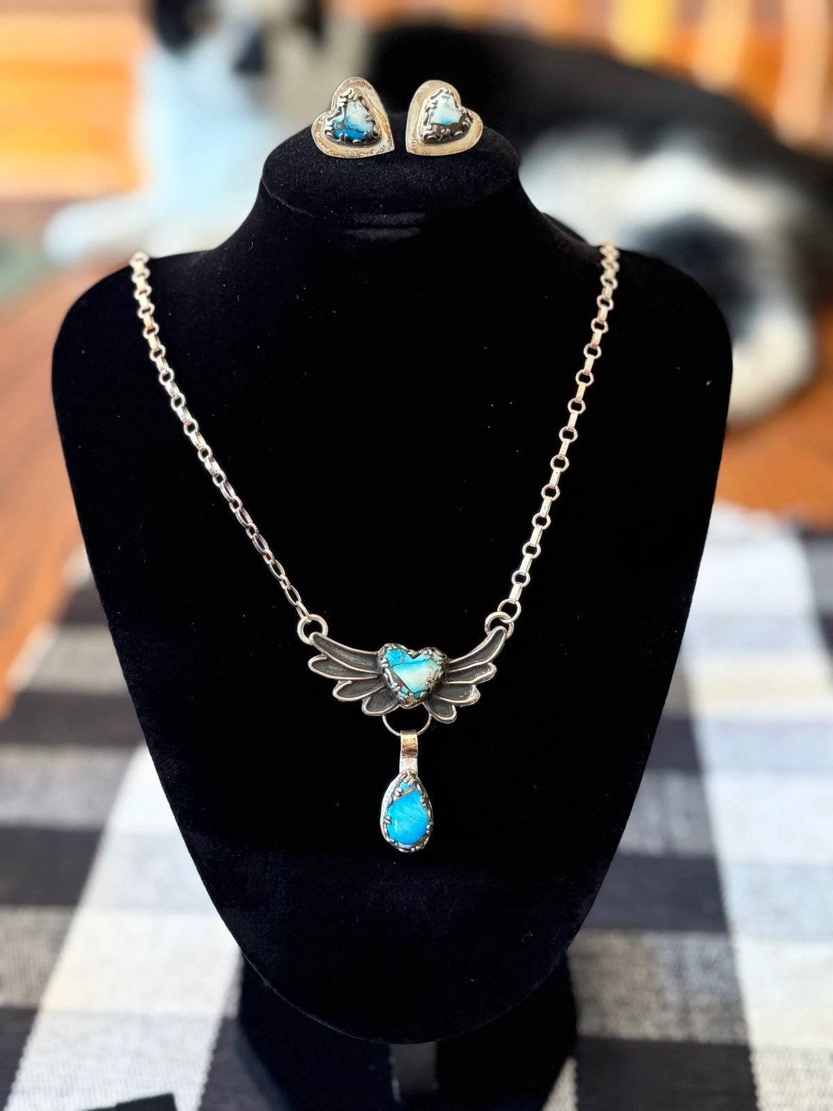 Blue Ice Dahlia Sterling Silver Heart Necklace & Earring Set